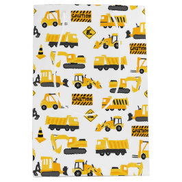 Konstruktionsfahrzeuge und Zeichen Muster weiß Mittlere Geschenktüte
