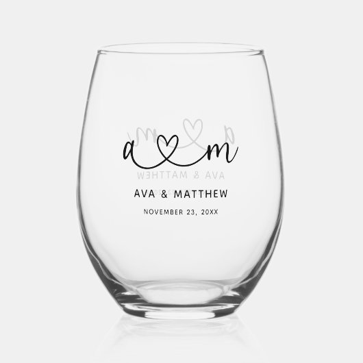 Kontakt | Monogram Script Heart Wedding Weinglas Ohne Stiel (Rückseite)