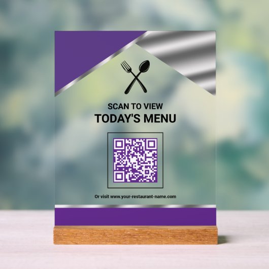 Kontaktloser QR-Code für Restaurant-Menü in Lila Acrylschild (Neutral)