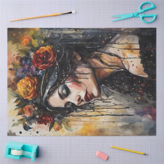 Kontemplative Frau mit Blumenkronendekoupage Seidenpapier (Basteln)