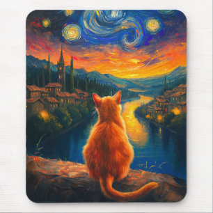 Kontemplative Ginger Cat Starry Night Sky Art Mousepad
