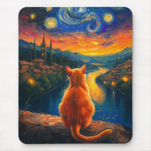Kontemplative Ginger Cat | Starry Night Sky Art Mousepad (Vorne)