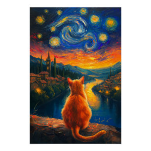 Kontemplative Ginger Cat   Starry Night Sky Art Poster