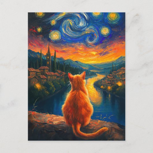 Kontemplative Ginger Cat | Starry Night Sky Art Postkarte (Vorderseite)