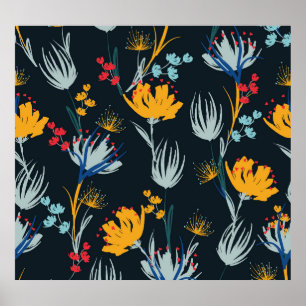 Kontrast Blütenbürste: Schwarz Nahtlos Poster