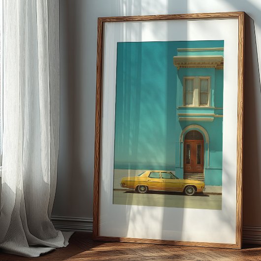 Kontrast zur Küste: Vintages Gelbes Auto Poster