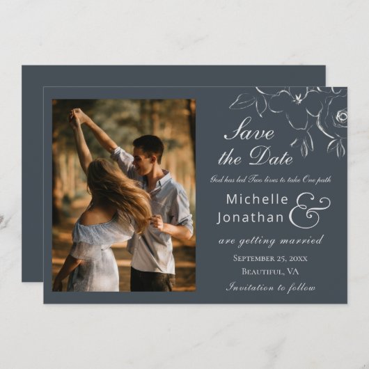 Kontur der weißen Blume über Hochzeiten von Navy-F Save The Date (Vorne/Hinten)