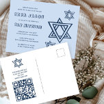 KONTUR LETTER STAR DAVID Custom QR BAR Mitzvah Postkarte<br><div class="desc">Perfekte Postkarte, um eine Bar oder Fledermausmitzvah anzukündigen! Handgefertigte Kunst für Sie mit dem Stern von david Design auf der Vorderseite und QR-Code auf der Rückseite! Vollständig anpassbar! Klicken Sie auf "Personalisieren" oben, um den Text zu bearbeiten. Klicken Sie auf "Bearbeiten mit dem Design-Tool", um die Schriftart, Farben und Platzierungen...</div>