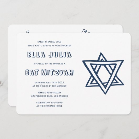 KONTUR LETTERS STAR DAVID Custom Bat Mitzvah Einladung (Vorne/Hinten)