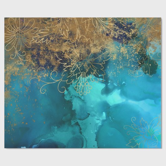 Konturen aus Gold und Blumen auf Aquamarin Green Geschenkpapier (Flach)
