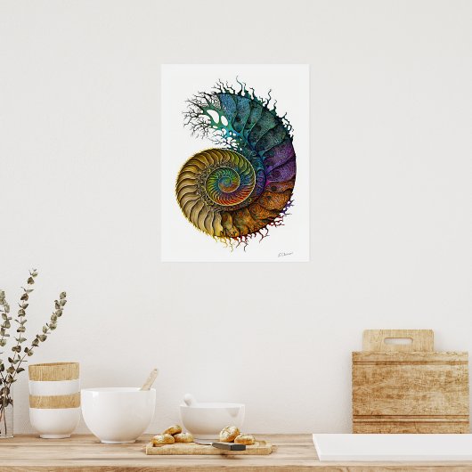 Konzept Ammonite Fossil in lebhaften Tintenfarben Poster (Küche)