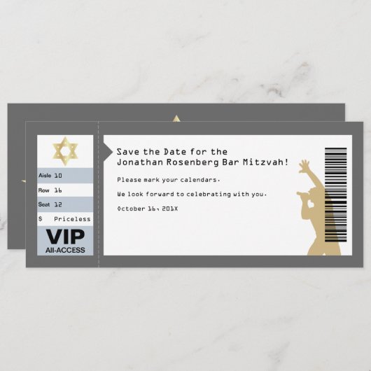 Konzert Ticket Bar Mitzvah Save the Date in Grau (Vorne/Hinten)