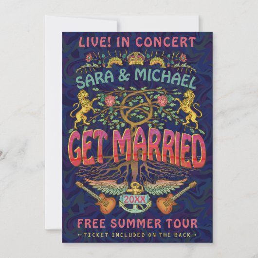 Konzert-Ticket für das Hochzeitstreffen im Retro-7 Einladung (Vorderseite)