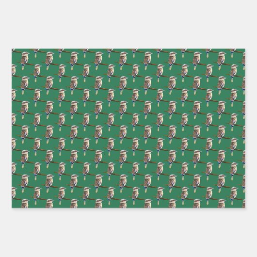 Kookaburra Fluffy Australia Bird-Muster auf Green Geschenkpapier Set (Vorderseite 2)
