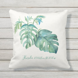 Koordinaten der Wasserfarbe Monstera Leaf Karte Kissen
