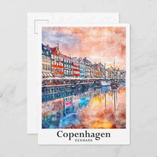 Kopenhagen Dänemark Aquarellzeichnung Hand zeichne Postkarte (Vorne/Hinten)