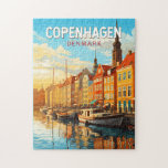 Kopenhagen Dänemark Reisekunst Vintag Puzzle<br><div class="desc">Kopenhagener Retrovektorraumdesign. Kopenhagen,  die dänische Hauptstadt,  liegt auf den Küsteninseln Seeland und Amager. Die Öresund-Brücke verbindet Malmo in Südschweden.</div>