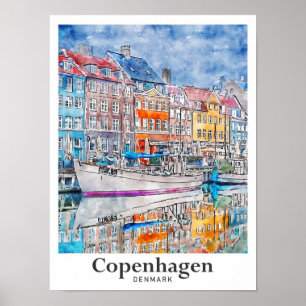 Kopenhagen Dänemark Reisen Wasserfarbenhandzeichnu Poster