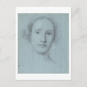 Kopf eines Mädchens (schwarz-weiße Kreide auf blau Postkarte