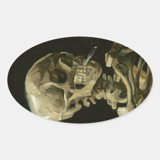 Kopf eines Skeletts mit einer brennenden Zigarette Ovaler Aufkleber (Vorderseite)
