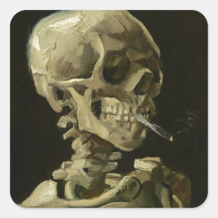Kopf eines Skeletts mit einer brennenden Zigarette Quadratischer Aufkleber