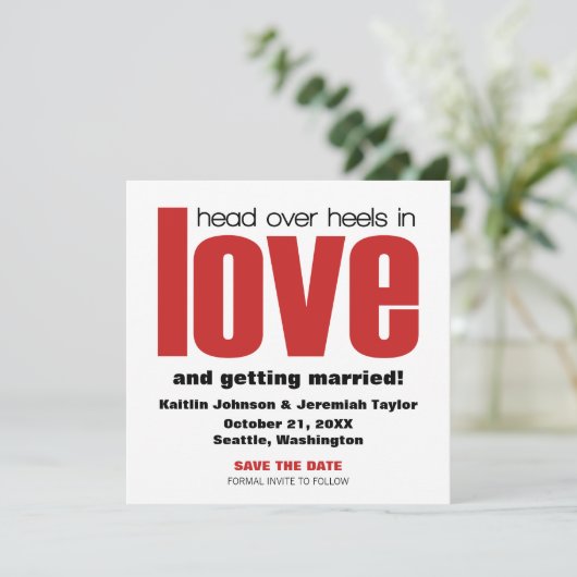 Kopf über Heelse Save the Date einladen, rot Einladung (Stehend Vorderseite)