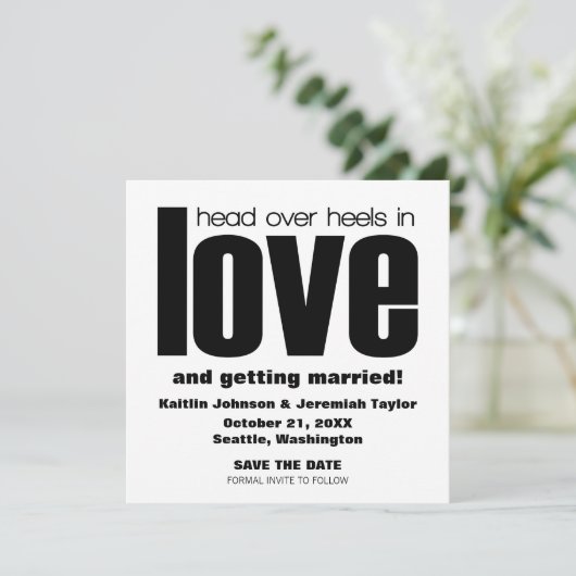 Kopf über Heelse Save the Date einladen, schwarz Einladung (Stehend Vorderseite)