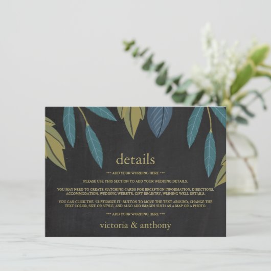 Kopfbrett-Leaf-Hochzeitsdetails Beilage Begleitkarte (Stehend Vorderseite)