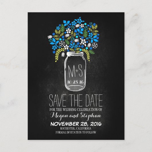 Kopfbrett Save the Date blau - Blumenmason Jar Ankündigungspostkarte (Vorderseite)
