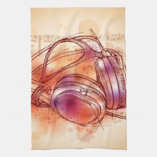 Kopfhörer auf einem Aquarellhintergrund u. Küchentuch