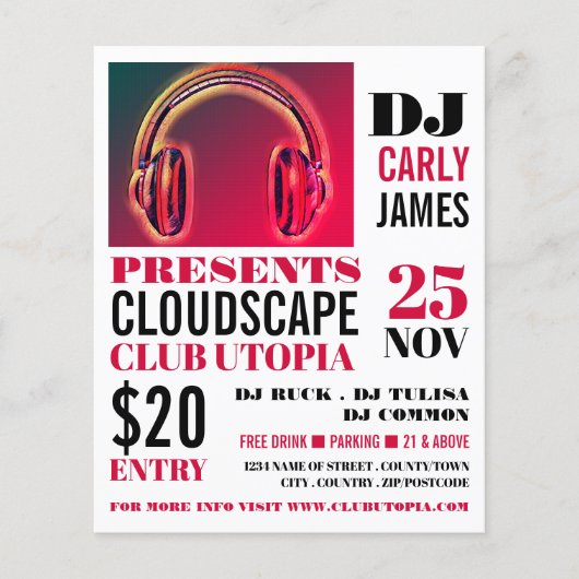 Kopfhörer, DJ, Club Event Advertising Flyer (Vorne)