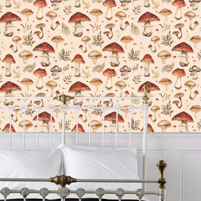 Kopfhörer-Rote Cap-Pilze Tapete (Cottagecore Red Cap Mushrooms Wallpaper behind a white metal bed frame. )