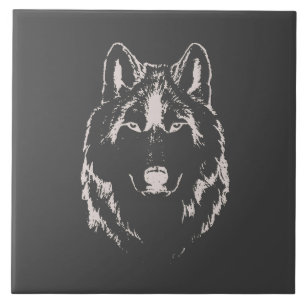 Kopfskizze von Funky Grey and White Wolf Fliese