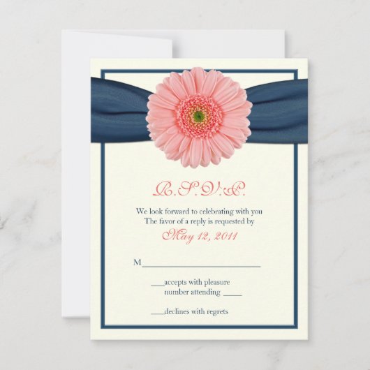 Koral Gerbera Daisy Navy Ribbon Response Card RSVP Karte (Vorderseite)