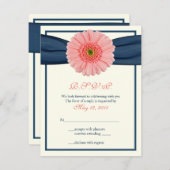 Koral Gerbera Daisy Navy Ribbon Response Card RSVP Karte (Vorne/Hinten)