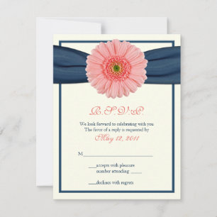 Koral Gerbera Daisy Navy Ribbon Response Card RSVP Karte