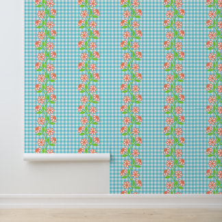 Koralle Aqua & Limette Blumenkolumne auf Gingham Tapete