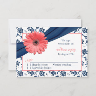 Koralle Gerber Gänseblümchen Marine Damast Blumen  RSVP Karte