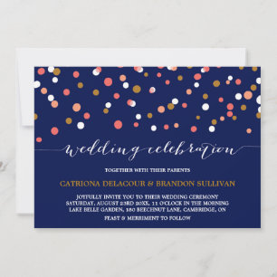 Koralle & Gold Konfetti Punkte Navy Hochzeit II Einladung