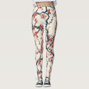 Koralle Kirschblütenzweige Elfenbein Asiatische Bl Leggings