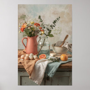 Koralle Krug, Wildblumen und Zitrusfrüchte Poster