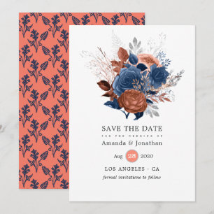 Koralle, Marineblau und Silber Hochzeit mit Blumen Save The Date