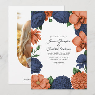 Koralle & Marineblaue Aquarell-Blumenhochzeit Einladung