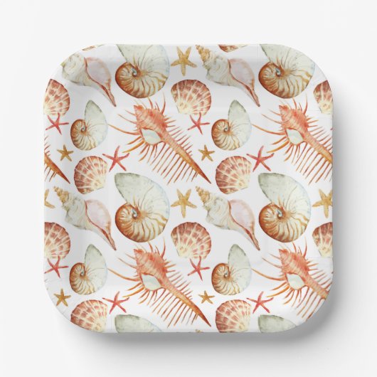Koralle mit Muscheln- und Krebsmuster Pappteller (Vorderseite)