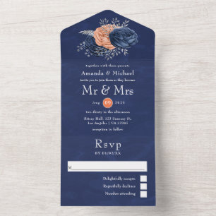 Koralle, Navy und Silber Blumen Hochzeit Alles in All In One Einladung