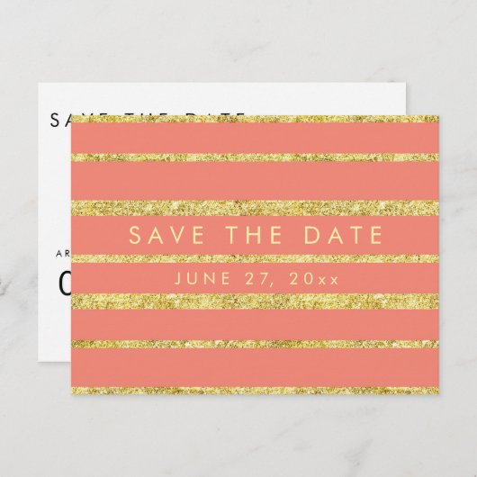 Koralle Save the Date Postkarte mit Gold Foil Effe (Vorne/Hinten)