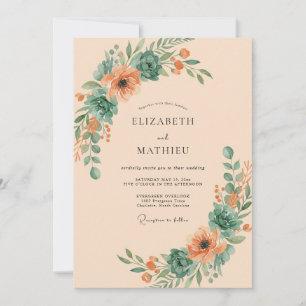 Koralle Teal Botanische Blüten Hochzeit Einladung