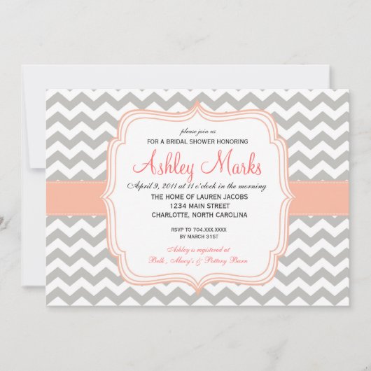 Koralle und graue Zickzack Einladung (Vorderseite)
