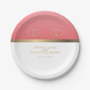 Koralle und Weiß mit Goldherzen Pappteller