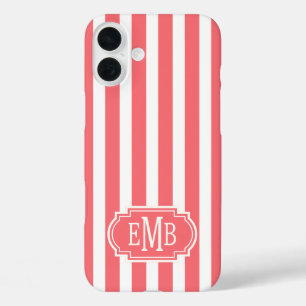 Koralle und weiße monogrammierte Streifen iPhone 16 Plus Hülle